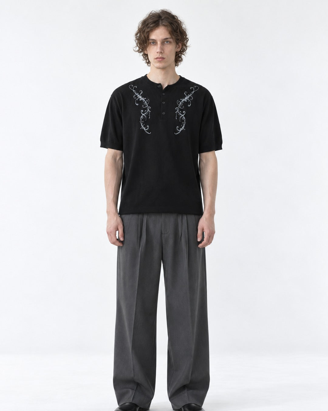 Henley Knit Top with Embroidered Scrollwork