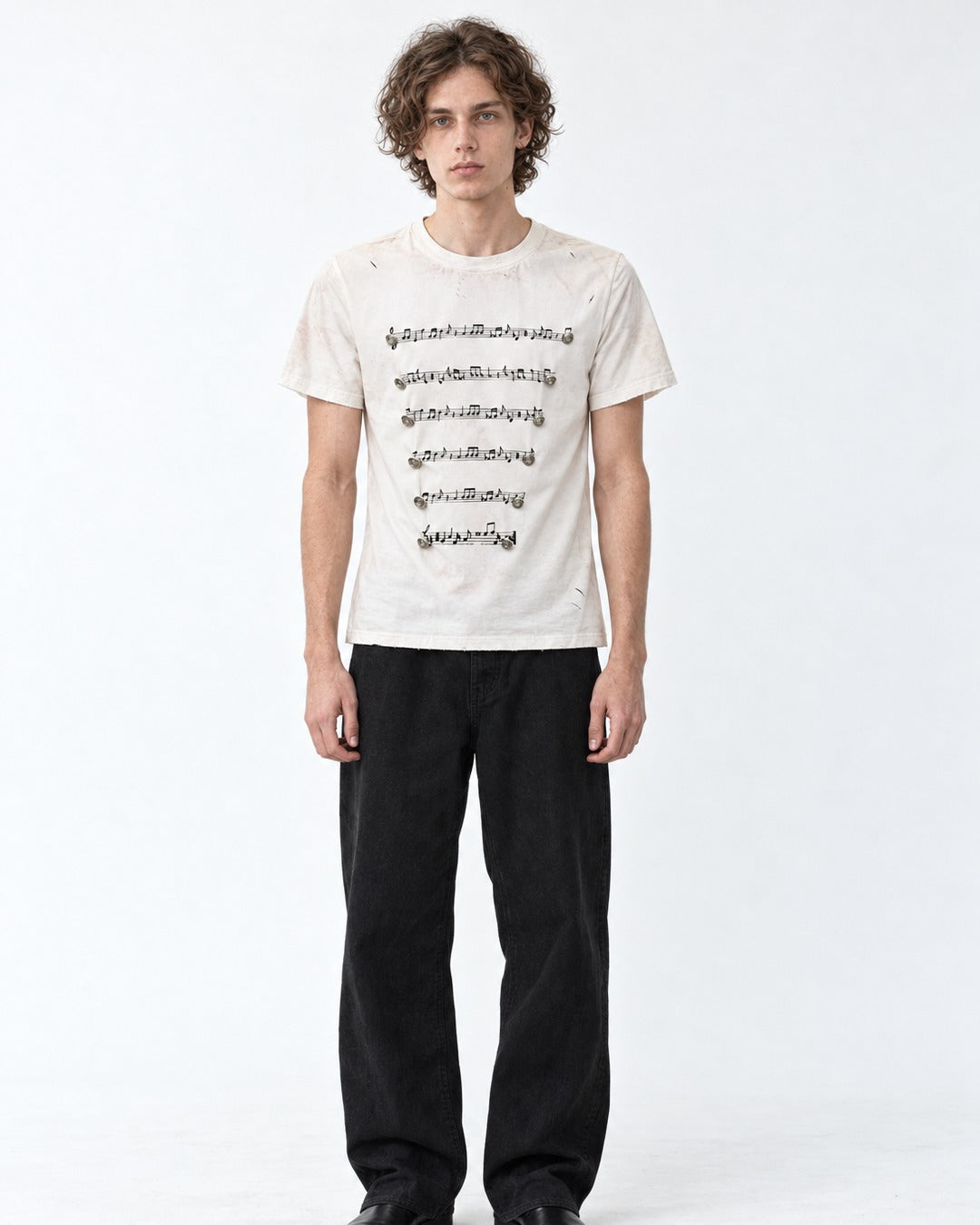 Musical Staff Print Distressed Tee with Metal Buttons