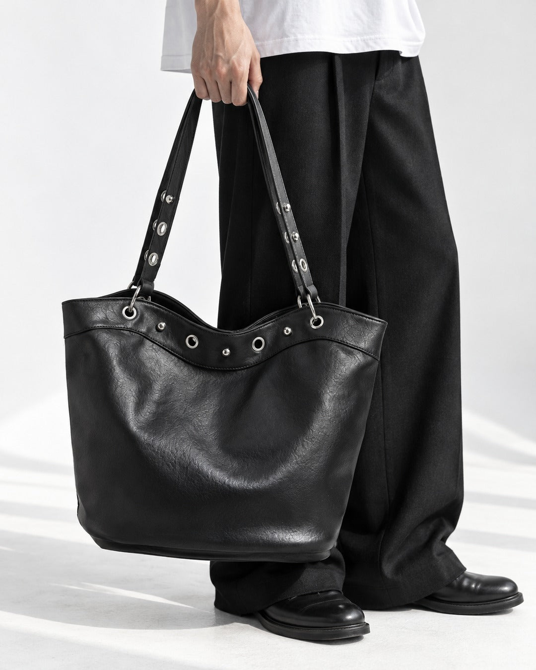 Eyelet Trim Black Bucket Tote Bag