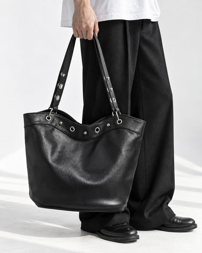 Eyelet Trim Black Bucket Tote Bag