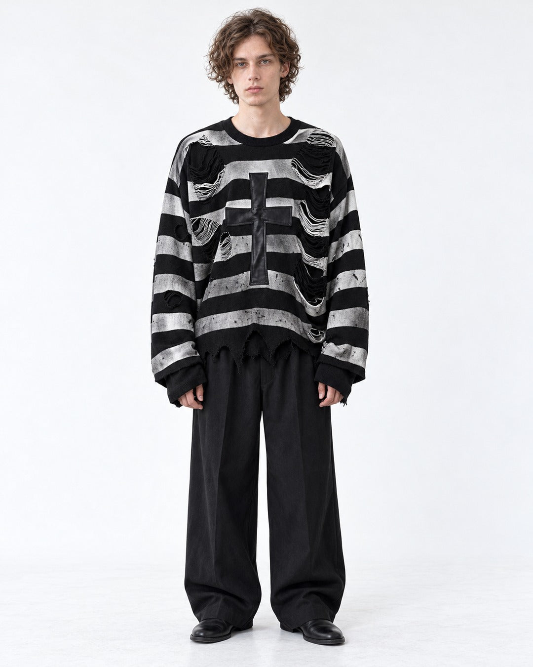 Cross Patch Distressed Stripe Sweater