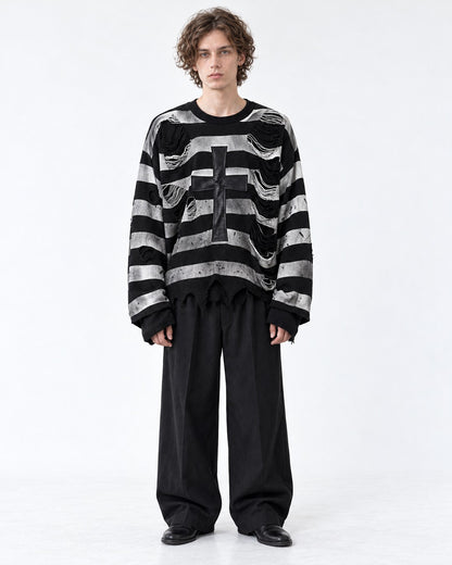 Cross Patch Distressed Stripe Sweater
