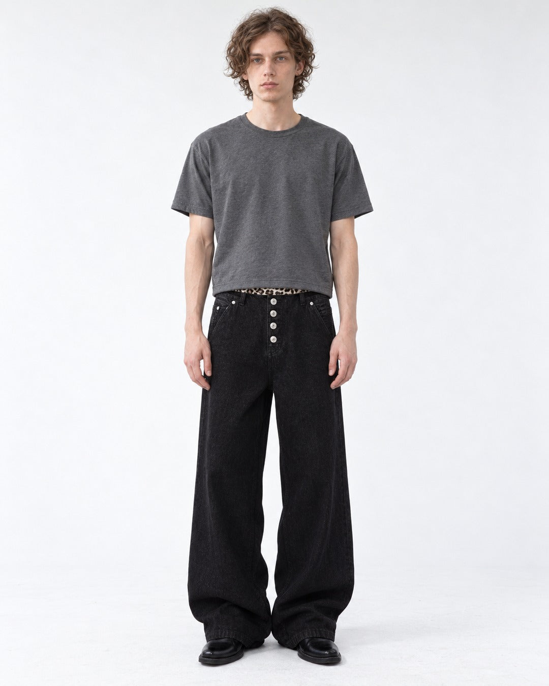 Leopard Waist Button Fly Wide Black Jeans