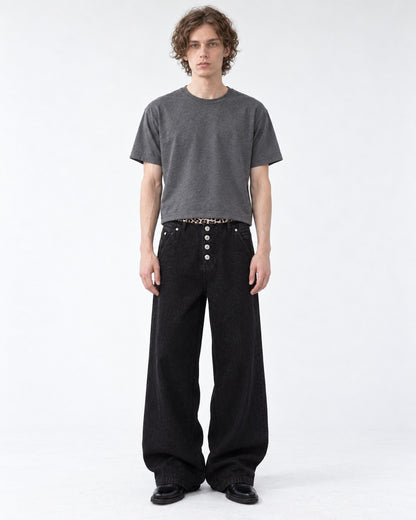 Leopard Waist Button Fly Wide Black Jeans