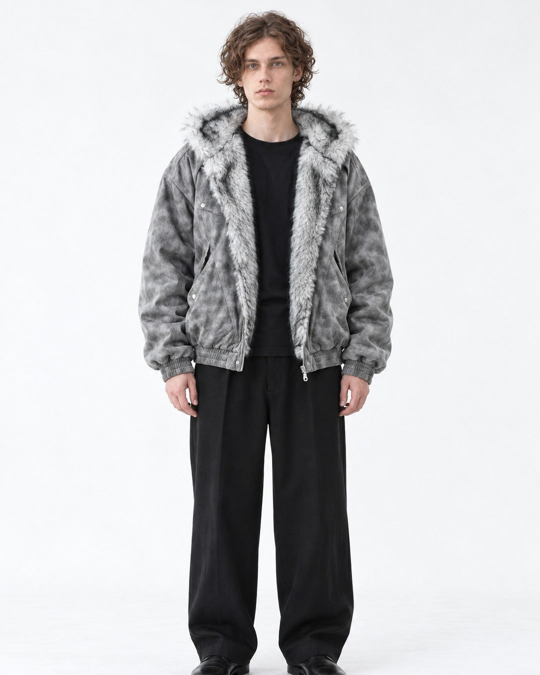 Mottled Grey Faux-Fur Lined Hooded Jacket