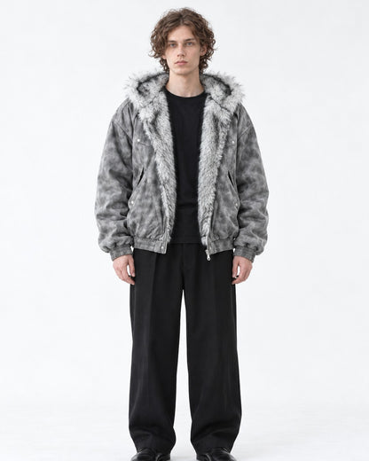 Mottled Grey Faux-Fur Lined Hooded Jacket