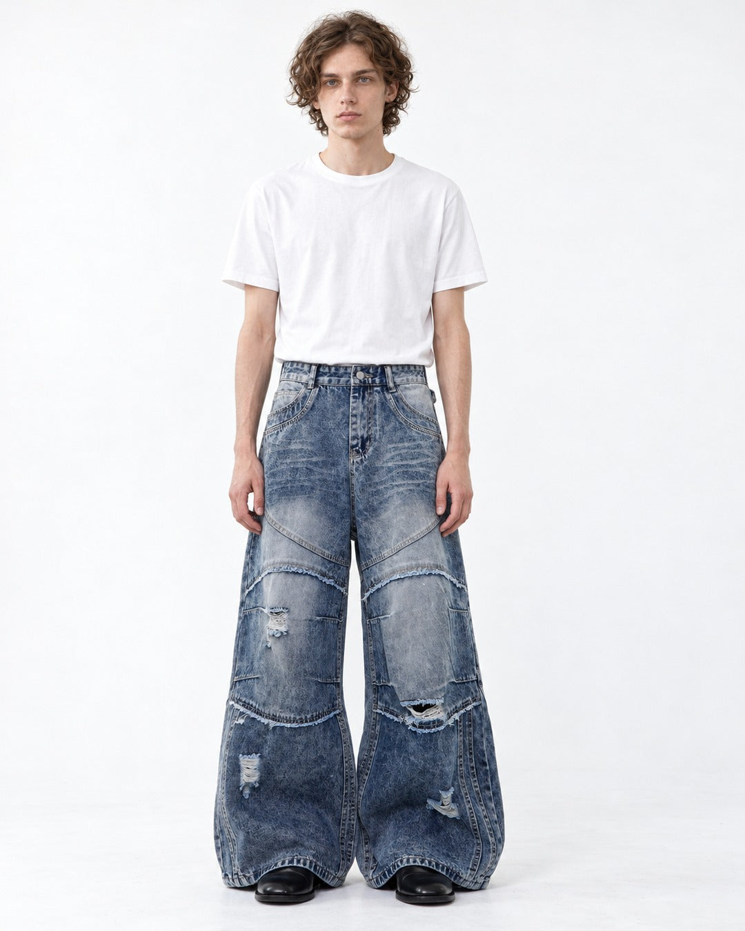 Stacked-Panel Frayed Blue Wide-Leg Jeans