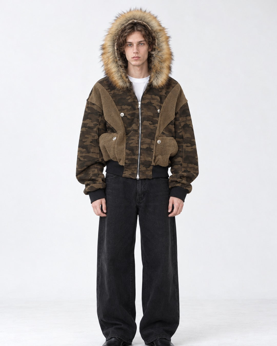 Camouflage Panelled Hooded Bomber with Fur Trim