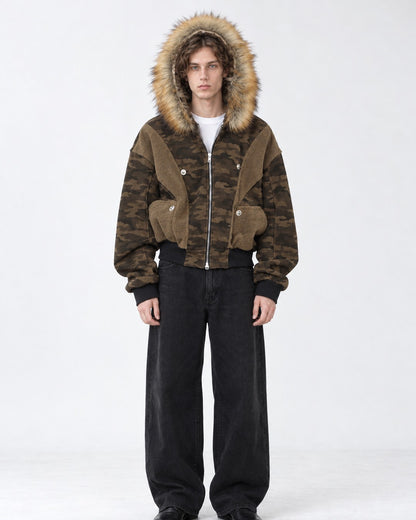 Camouflage Panelled Hooded Bomber with Fur Trim