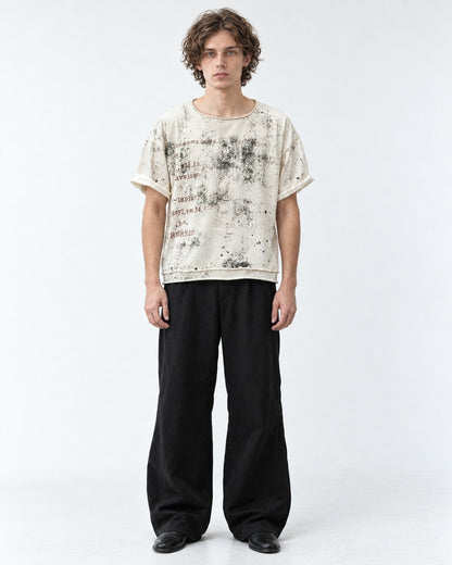 Distressed Stencil Print Raw-Cut Top