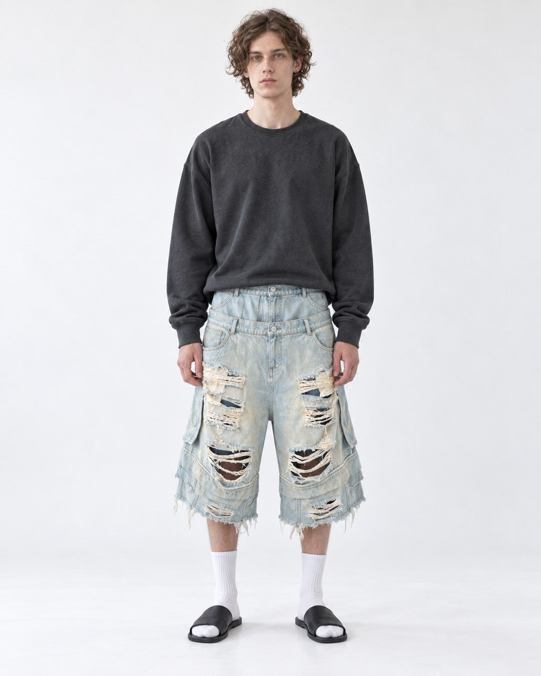 Double-Waist Shredded Denim Shorts