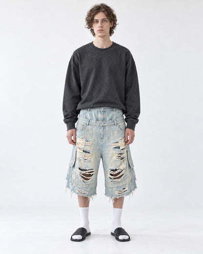 Double-Waist Shredded Denim Shorts
