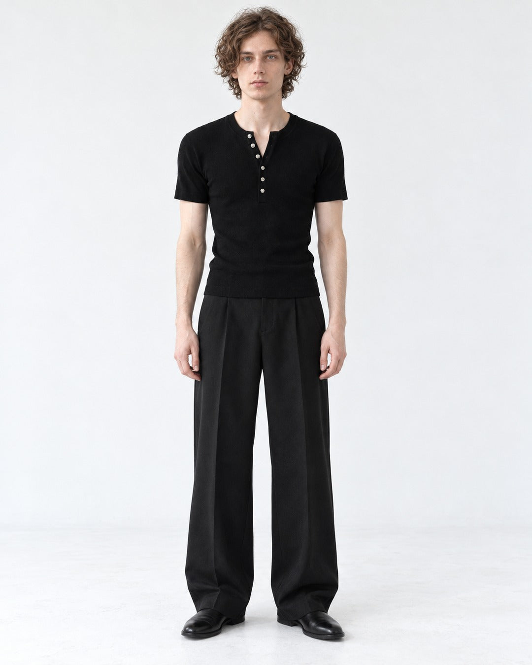 Ribbed Henley Tee with Metal Buttons