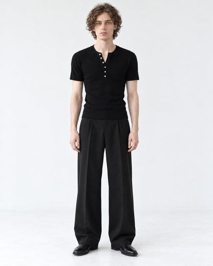 Ribbed Henley Tee with Metal Buttons