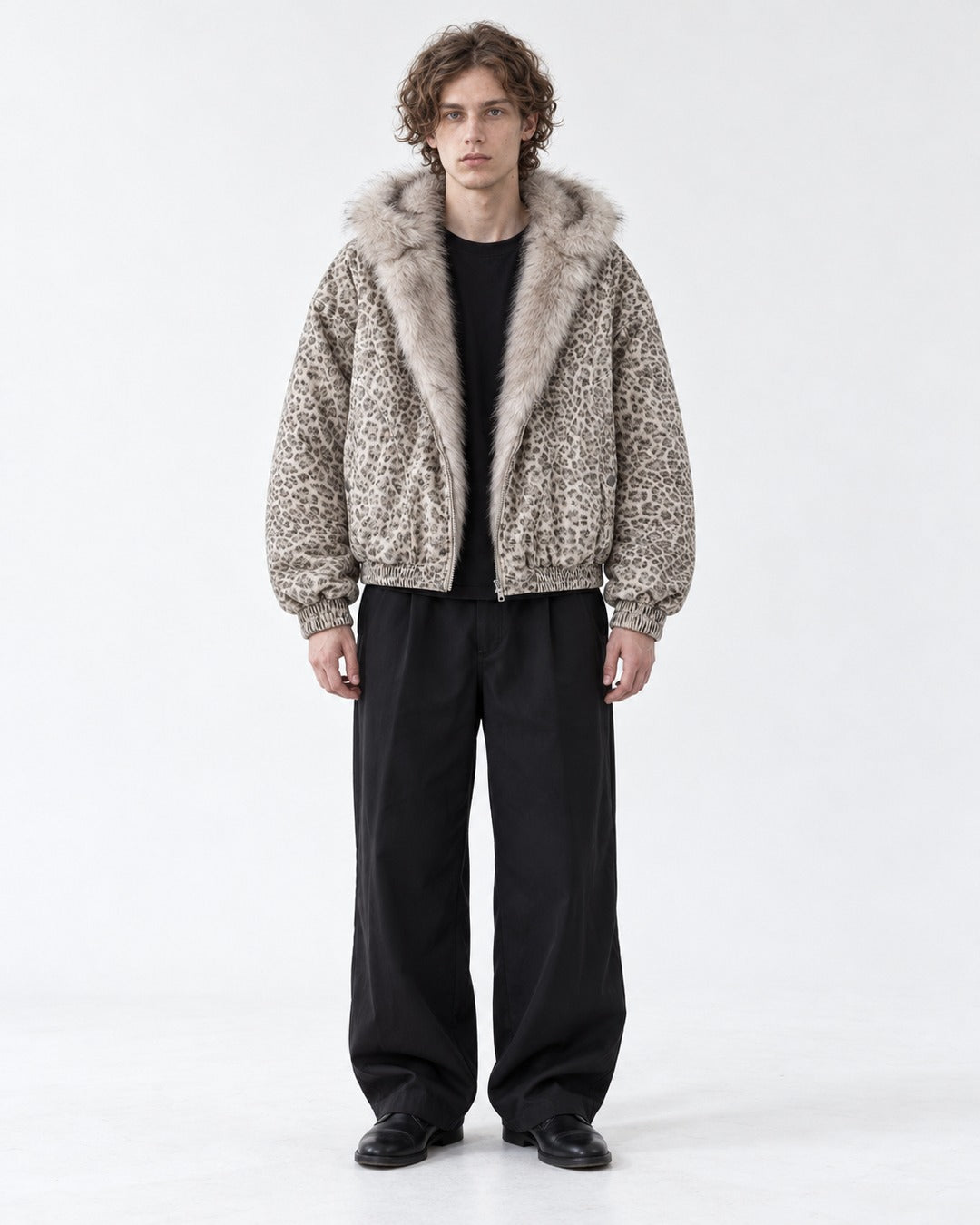 Leopard Print Hooded Jacket with Plush Collar