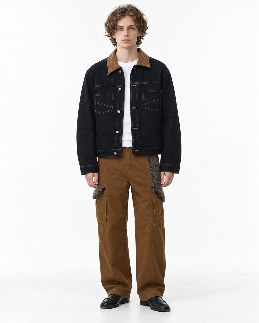 Corduroy Collar Denim Jacket and Cargo Pants Set