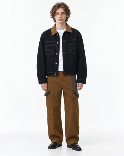 Corduroy Collar Denim Jacket and Cargo Pants Set