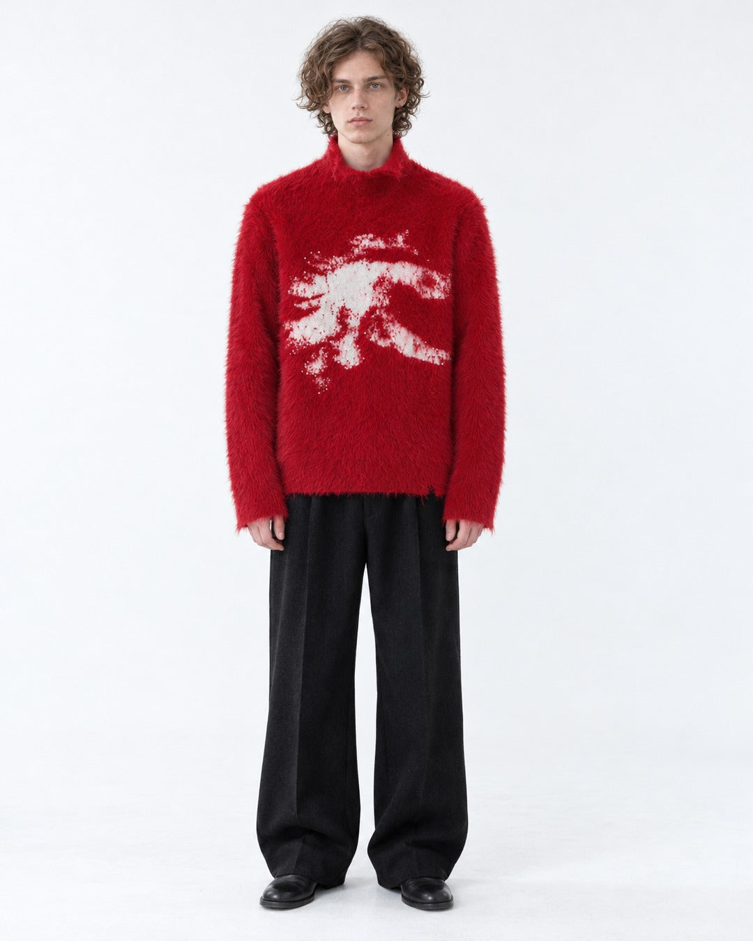 Brushed Horse-Intarsia Mock-Neck Sweater