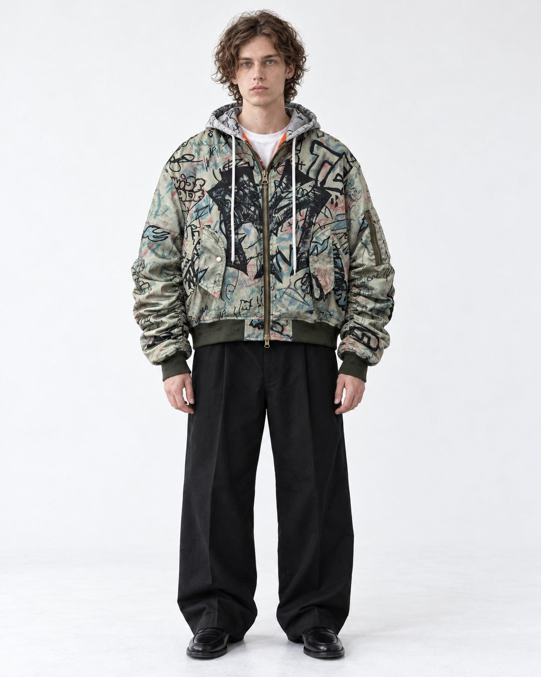 Graffiti Print Hooded Bomber Jacket