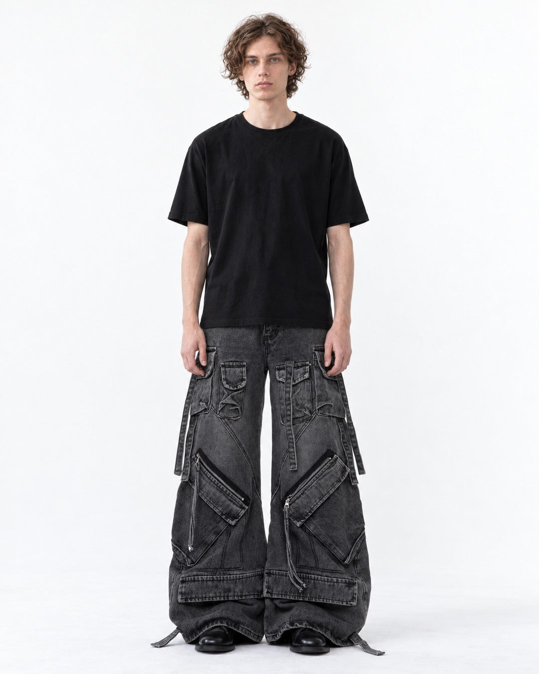 Strap Pocket Washed Wide-Leg Jeans