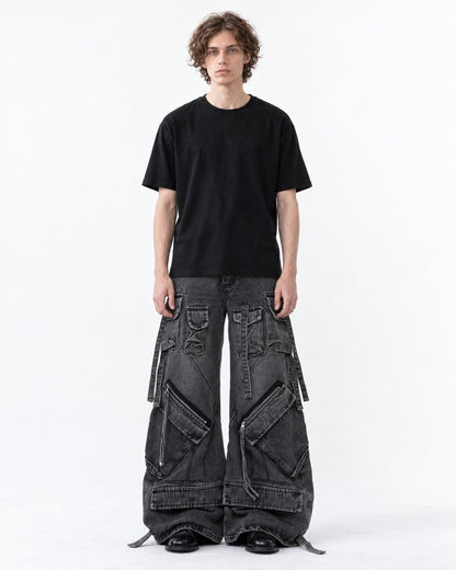 Strap Pocket Washed Wide-Leg Jeans