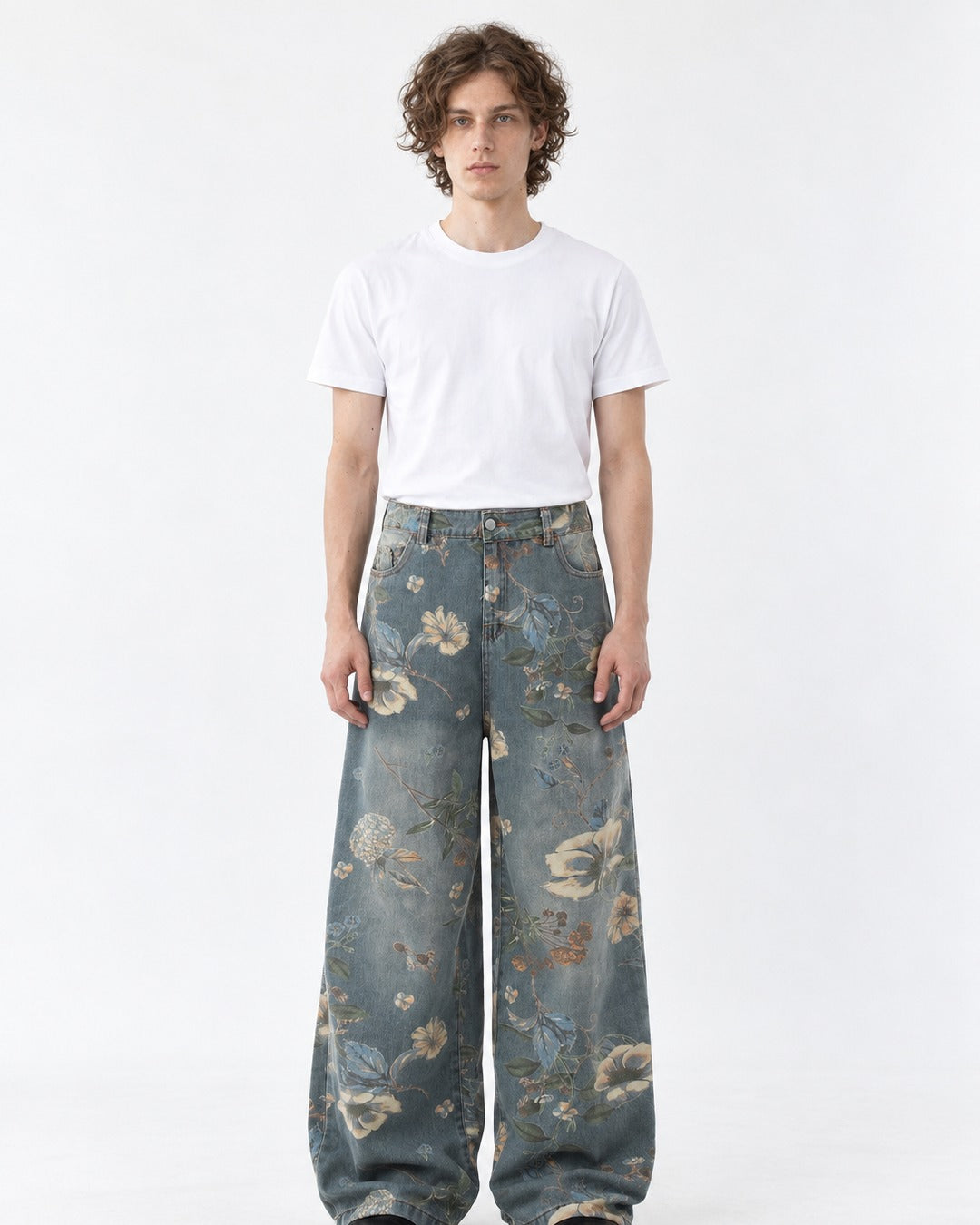 Floral Print Washed Wide-Leg Jeans