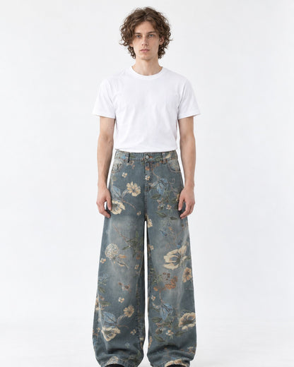 Floral Print Washed Wide-Leg Jeans