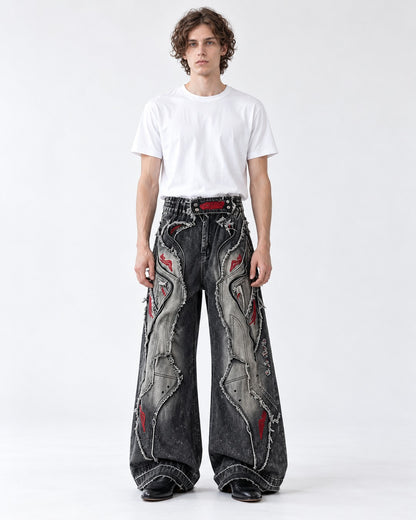 Patchwork Frayed Flare Jeans