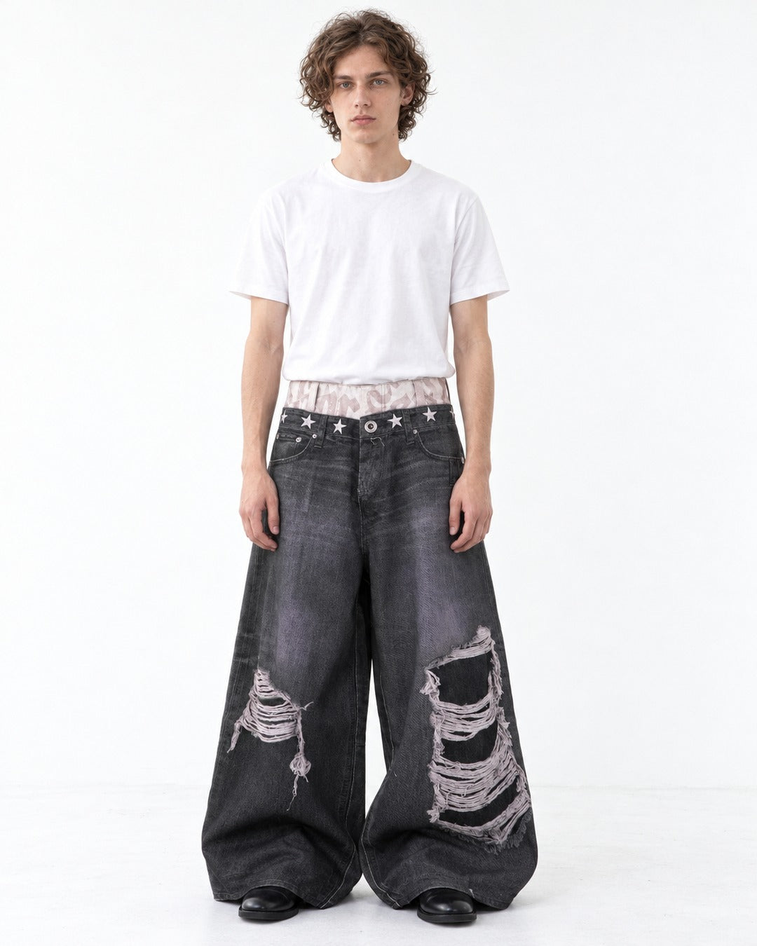 Star-Stud Double Waistband Shredded-Knee Jeans