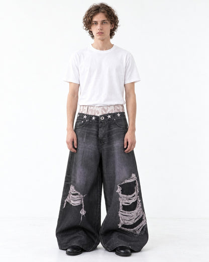 Star-Stud Double Waistband Shredded-Knee Jeans