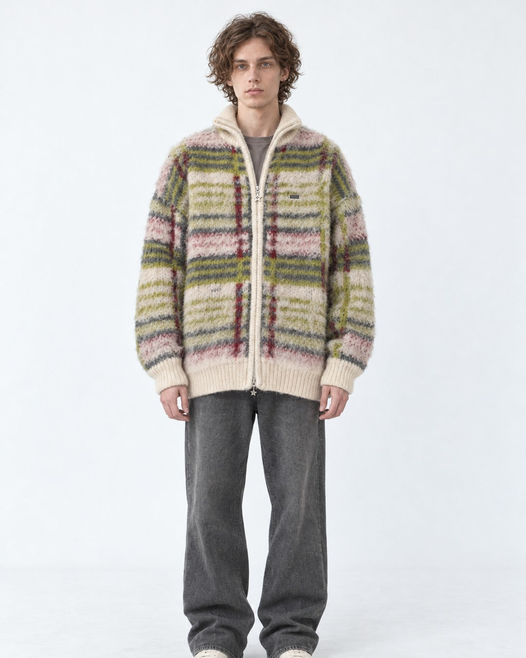Mohair-Blend Plaid Zip Knit Jacket
