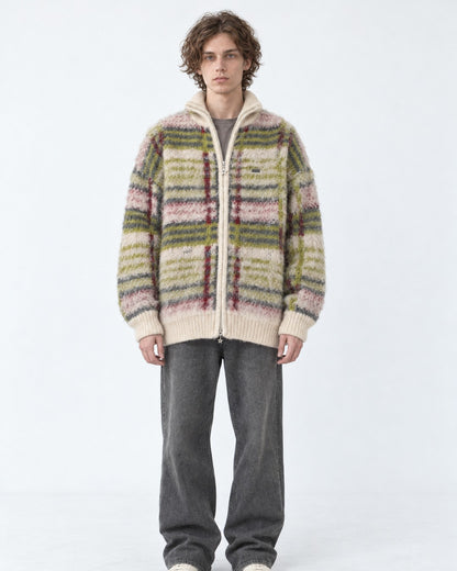 Mohair-Blend Plaid Zip Knit Jacket