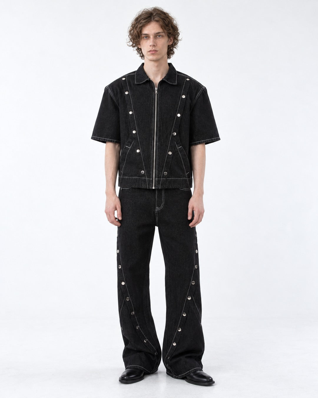 Multi-Button Contrast Stitching Denim Suit Set-Up