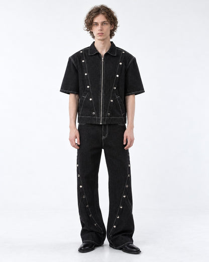 Multi-Button Contrast Stitching Denim Suit Set-Up