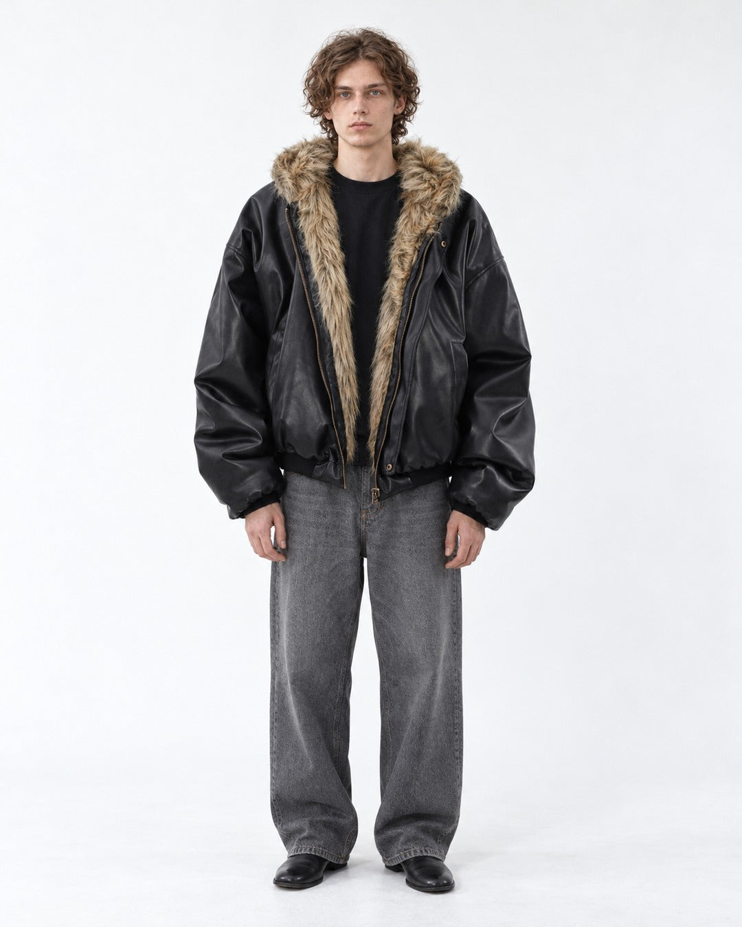 Faux-Fur Lined Hooded Leather Bomber
