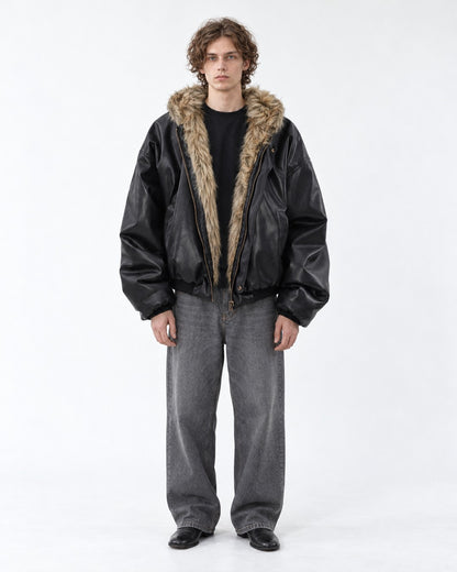 Faux-Fur Lined Hooded Leather Bomber