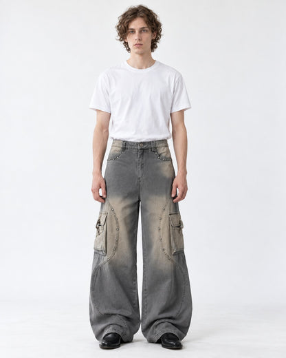 Studded Seam Faded Cargo Jeans