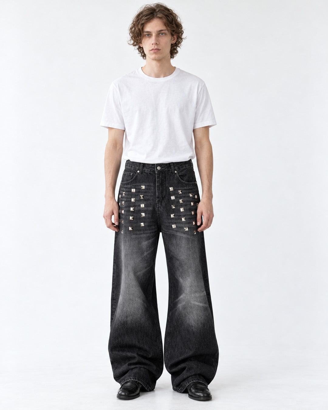 Studded Distressed Wide Jeans