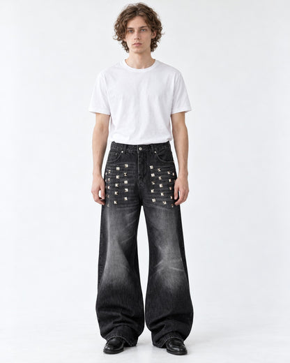 Studded Distressed Wide Jeans