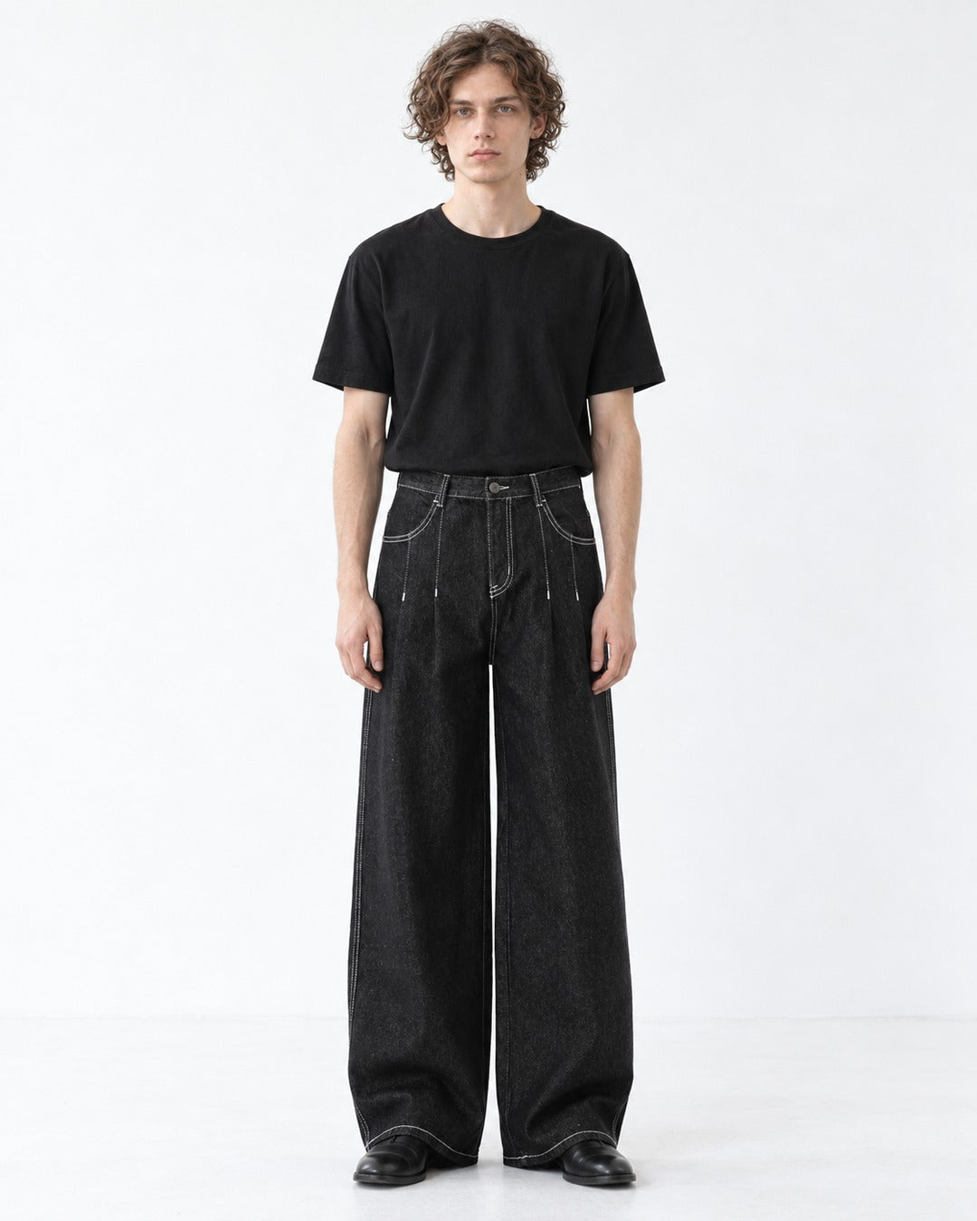 Double-Pleated Wide Denim Pants