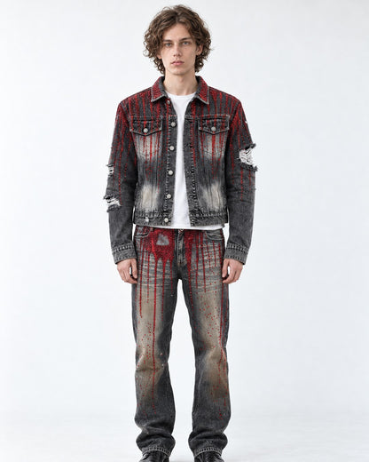 Hand-Painted Blood Rhinestone Denim Jacket and Pants Set-Up
