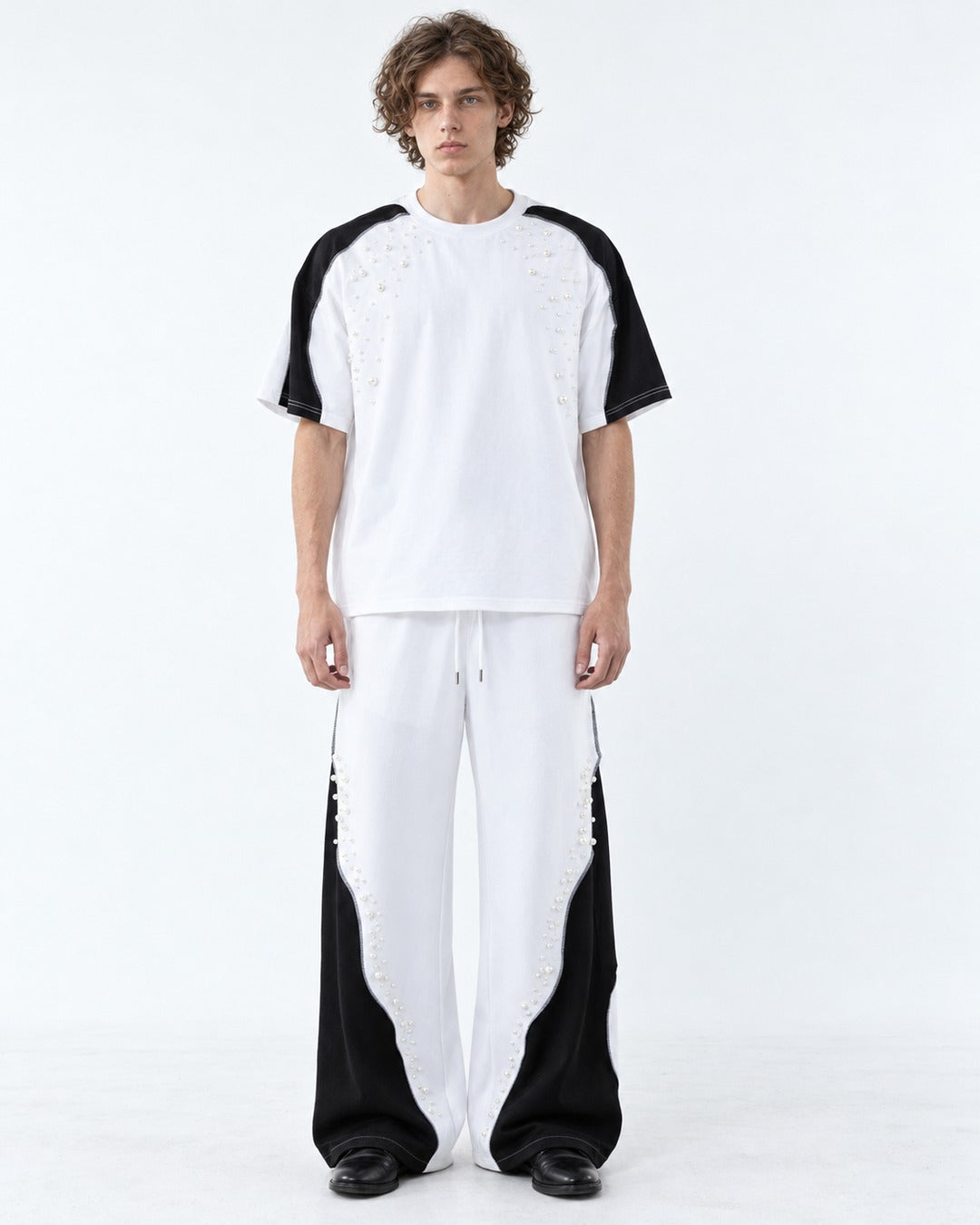 Beaded Shoulder Pad Wide Leg Pants Set-Up