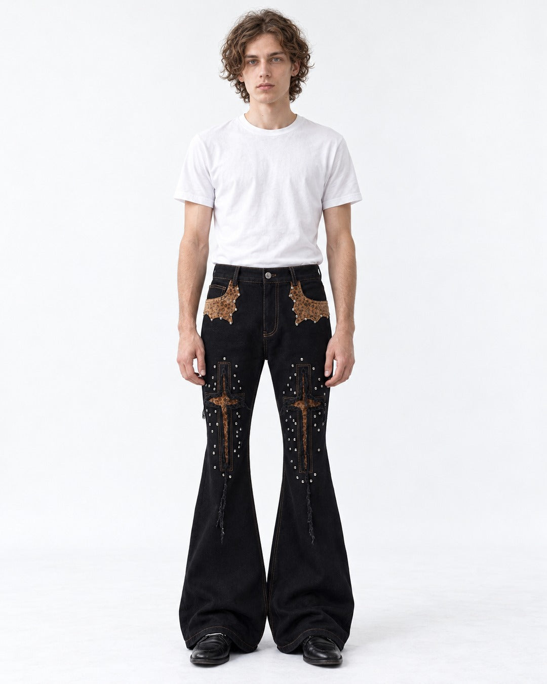 Studded Cross Patch Flared Jeans