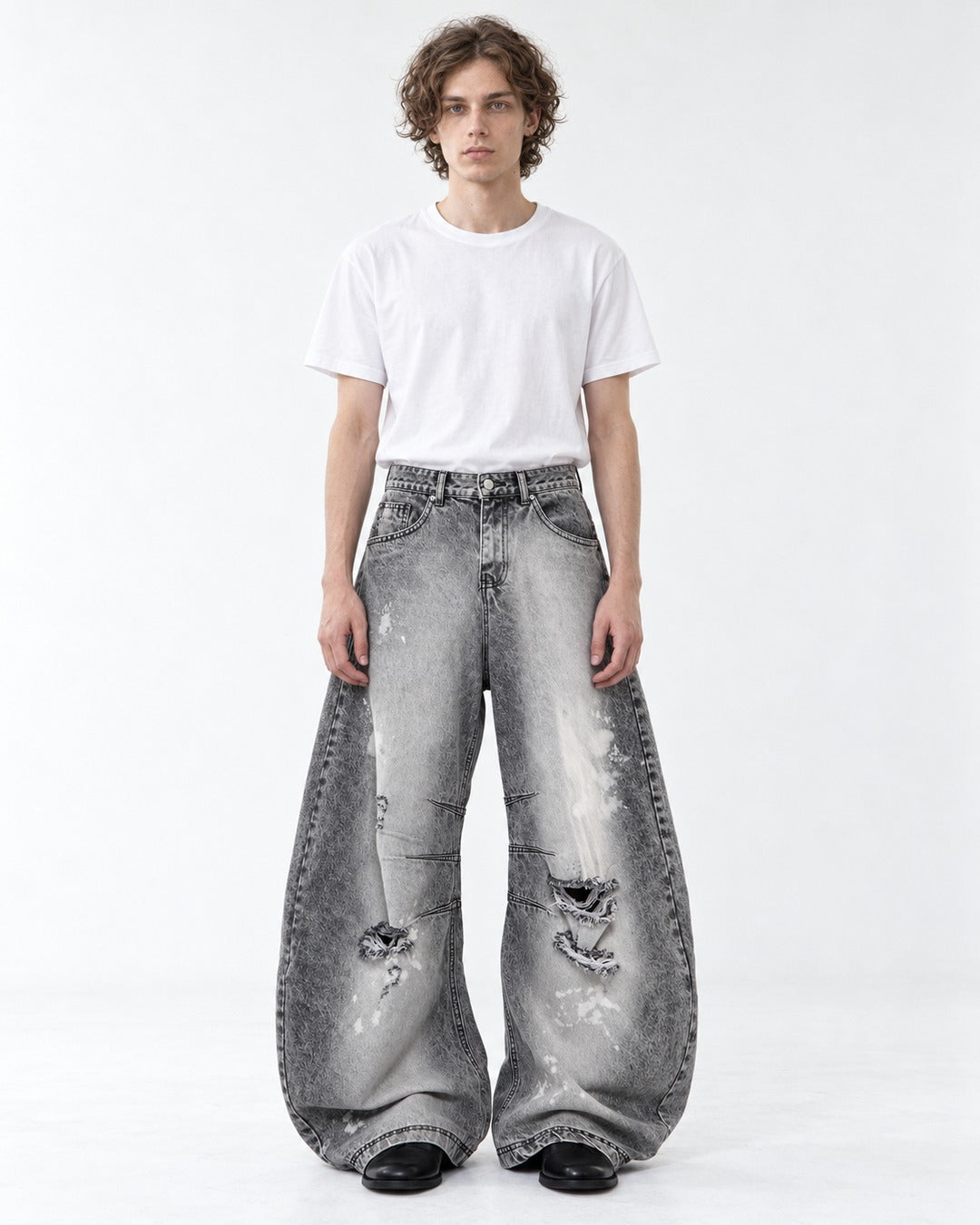 Gray Acid-Wash Ripped Wide-Leg Jeans
