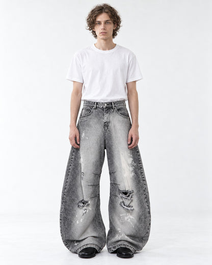 Gray Acid-Wash Ripped Wide-Leg Jeans