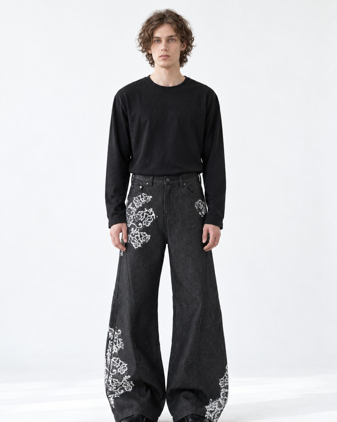 Lace-Print Black Wide-Leg Denim