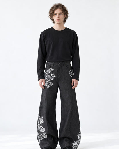Lace-Print Black Wide-Leg Denim