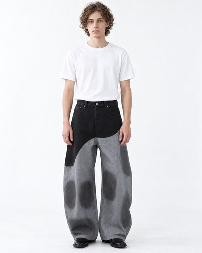 Curved Color-Block Wide-Leg Jeans
