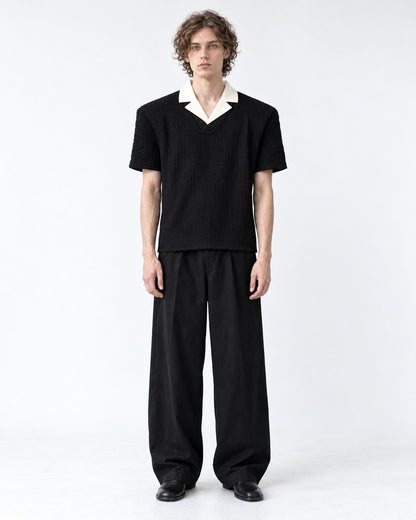 Contrast Lapel Textured V-Neck Tee
