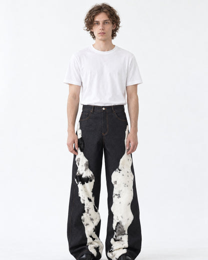 Cow Pattern Patchwork Denim Pants